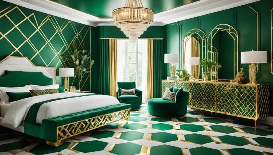 3. Emerald Green and Gold Bedroom Ideas with Floor Designs